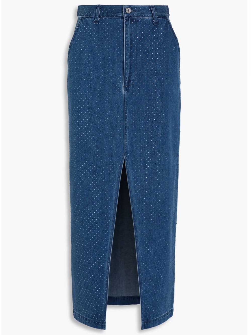 Sandro Rhinestone Embellished Denim Midi Skirt with Front Slit